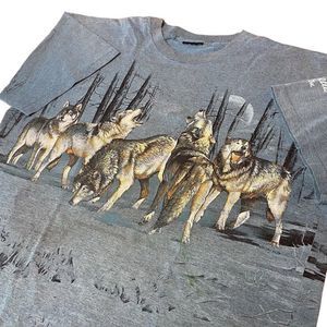 Vintage Wolf T Shirt All Over Print Single Stitch Blue Wolves Pack W24"xL29" 90s